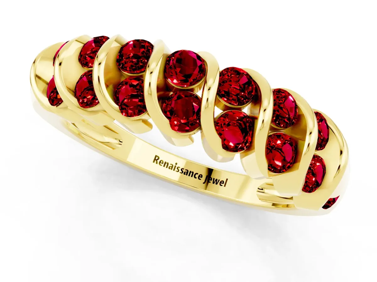 Channel Set Round Ruby Multi-Row Band Yellow gold