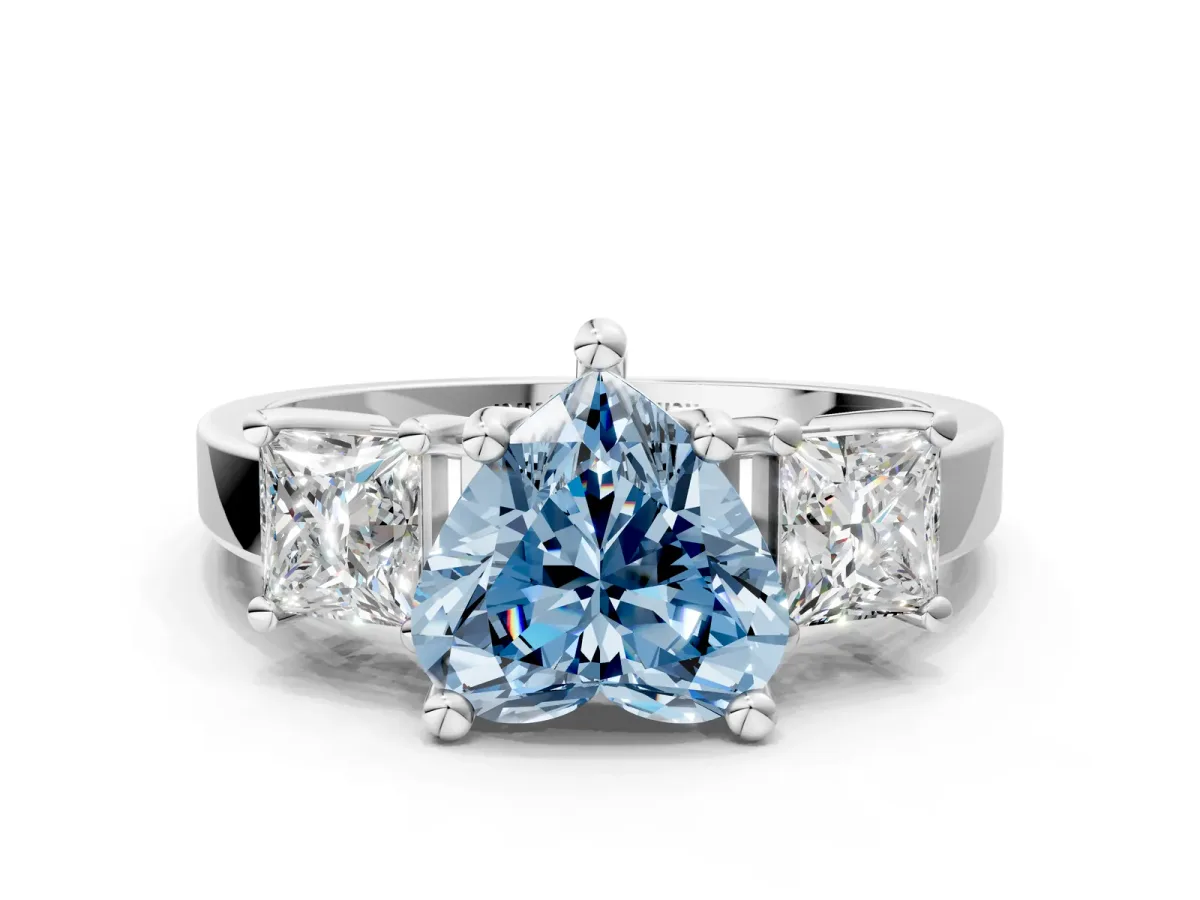 Fancy Blue Three-Stone Heart Cut Cut Solitaire Ring with Prong Setting Platinum