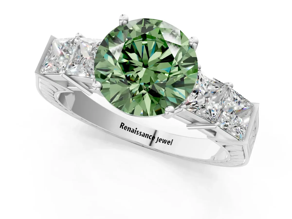Fancy Green Round Cut Solitaire Princess Side Stone Engraved Band Prong Setting Ring Silver