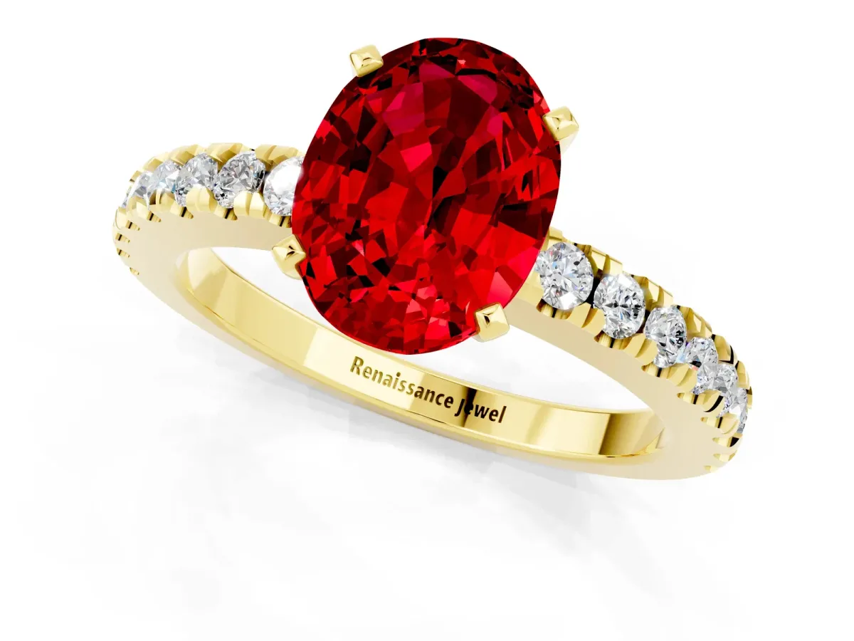 Oval Cut Solitaire Ruby with Pavé Band and Four-Prong Setting Yellow gold