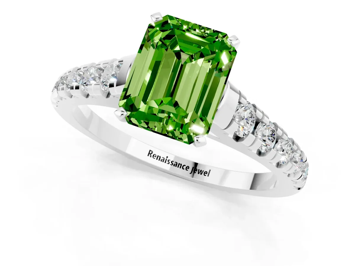Emerald Cut Peridot Cathedral Solitaire Ring with Round Pavé Band Silver