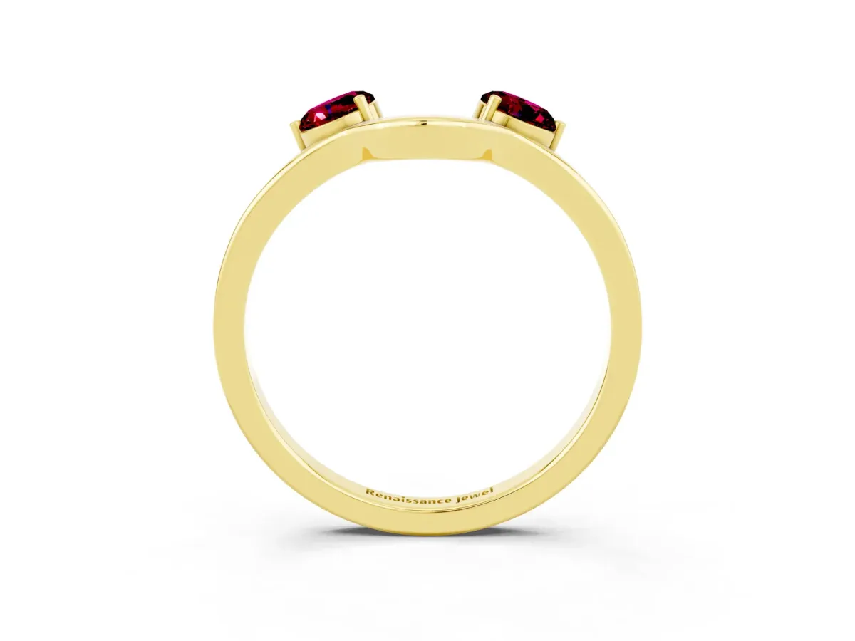 Dual Round Garnet Open Band Ring with Prong Setting Yellow gold