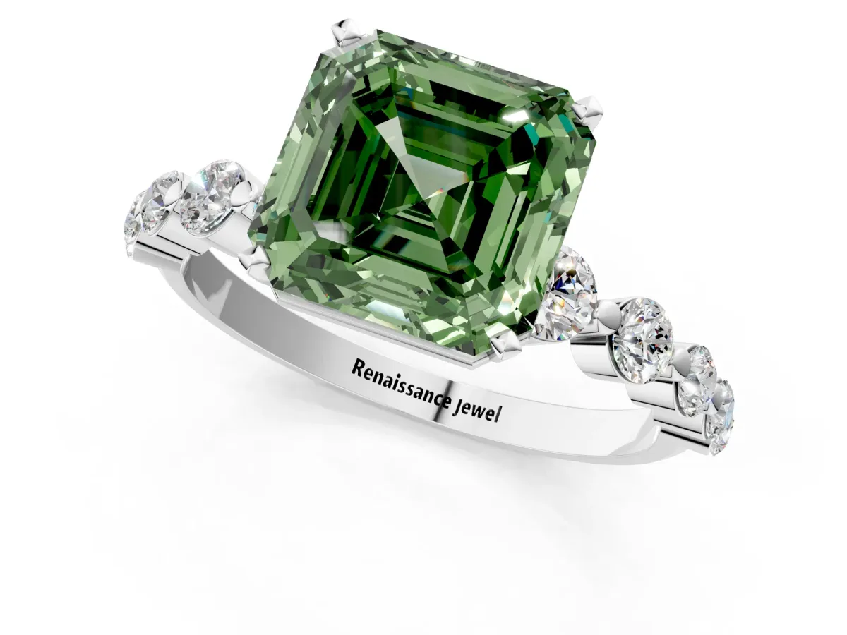 Fancy Green Asscher Cut Solitaire Diamond Ring with Pave Band and Four-Prong Setting Silver