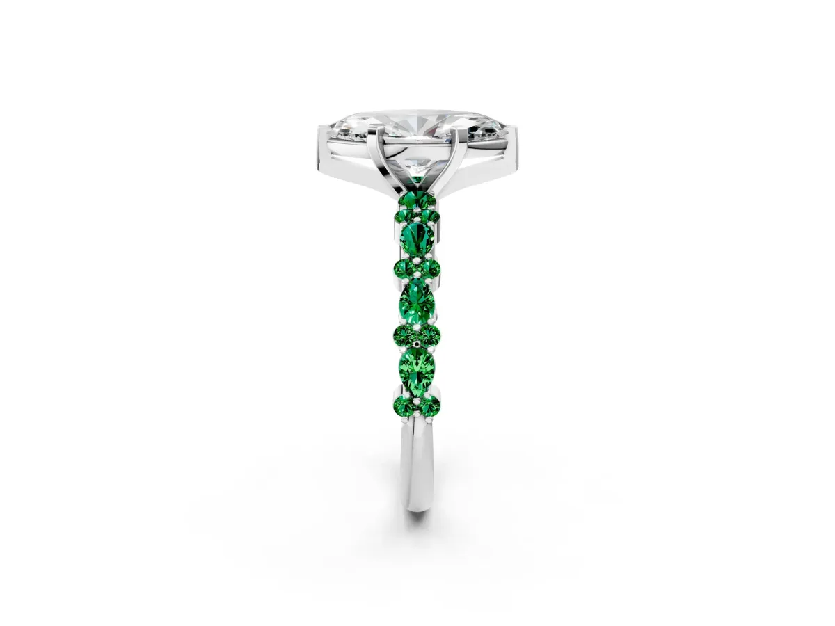 Marquise Cut Diamond Side Stone Solitaire Ring with Round Emerald and Four-Prong Setting Platinum