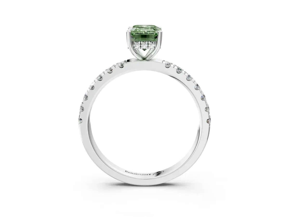 Fancy Green Emerald Cut Diamond Pave Band Solitaire Ring with Round and Prong Setting Platinum