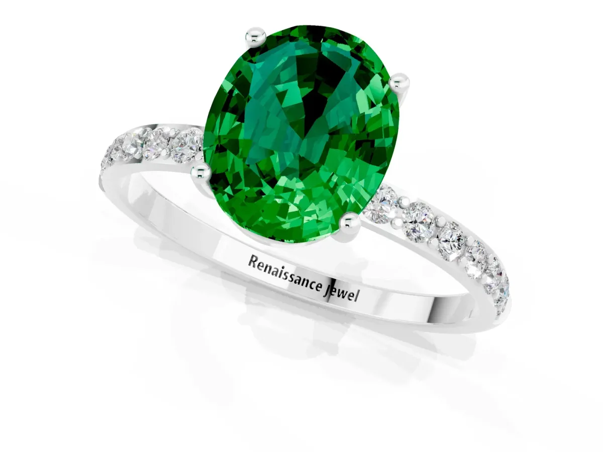 Oval Cut Emerald Solitaire Ring with Round Pavé Band and Prong Setting Silver
