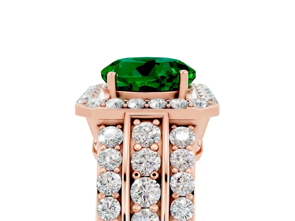 Round Cut Halo Emerald Ring with Round Split Shank and Prong Setting Rose gold