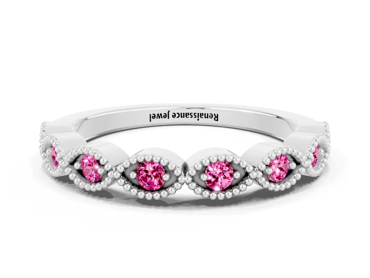 Milgrain Marquise Pink Sapphire Half Eternity Band with Bezel Setting Platinum