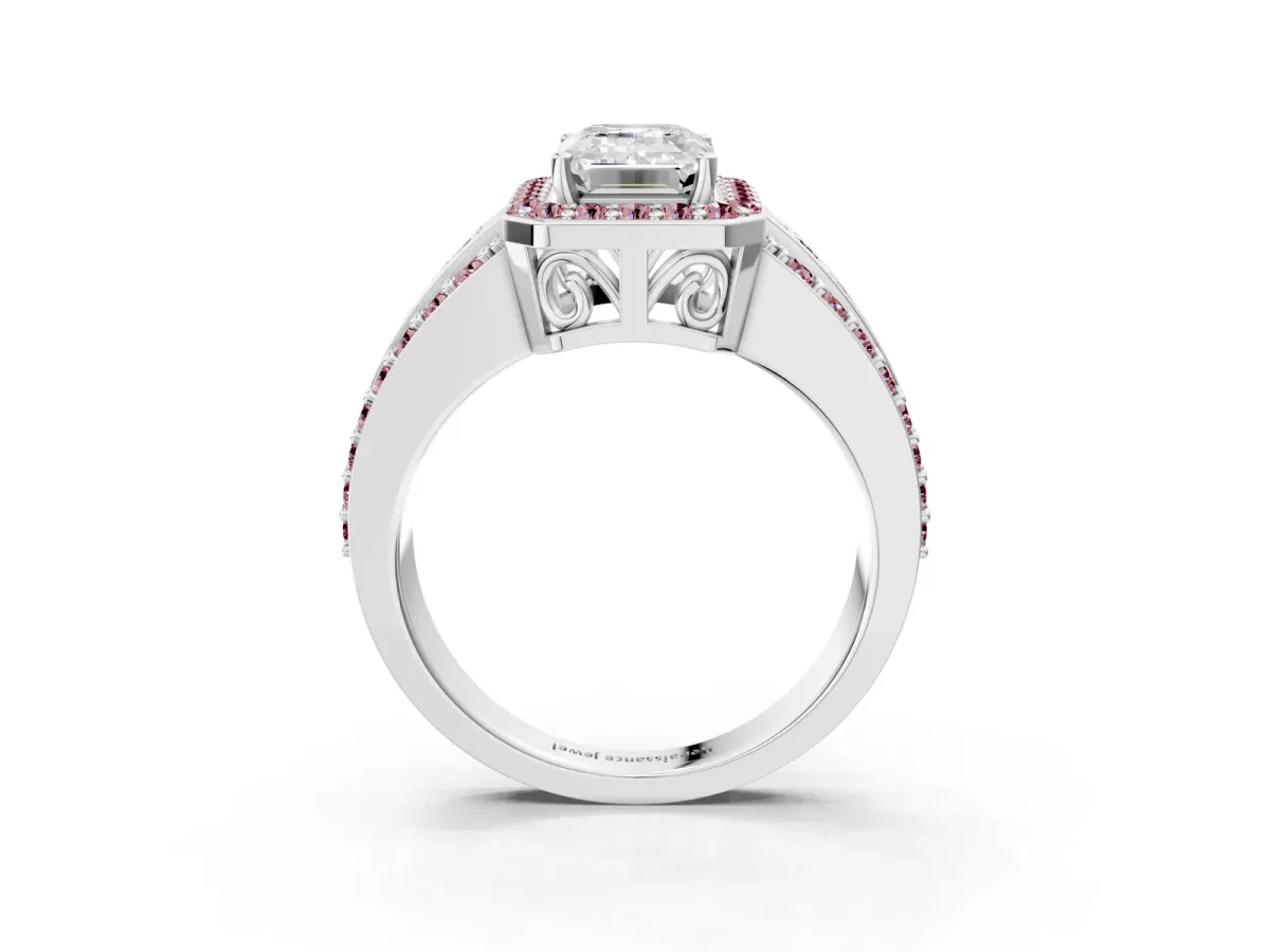 Emerald Cut Halo Diamond Ring with Round Morganite Split Shank and Prong Setting White gold