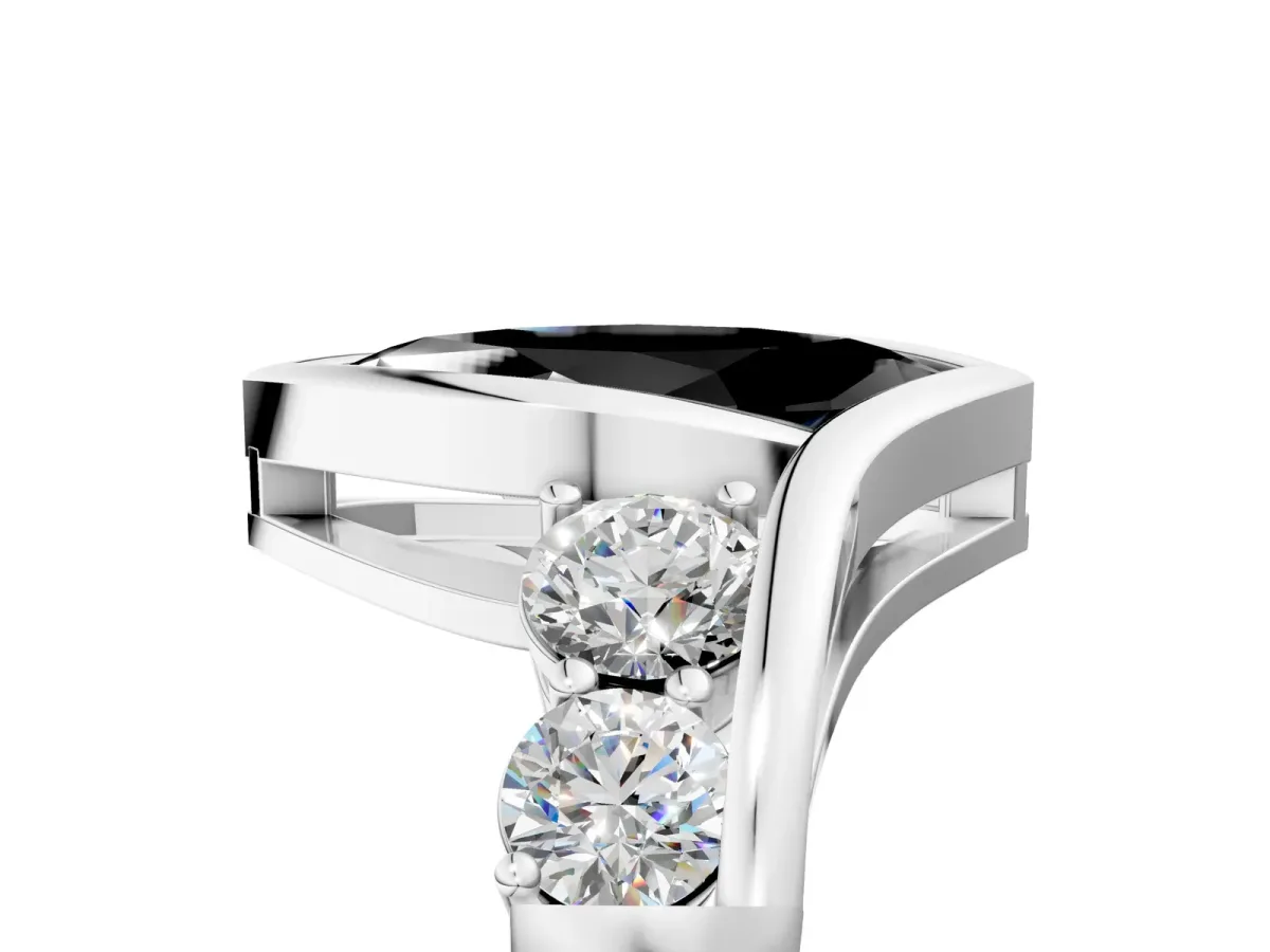 Fancy Black Bezel Set Marquise Cut Diamond Bypass Ring with Round Accents Silver