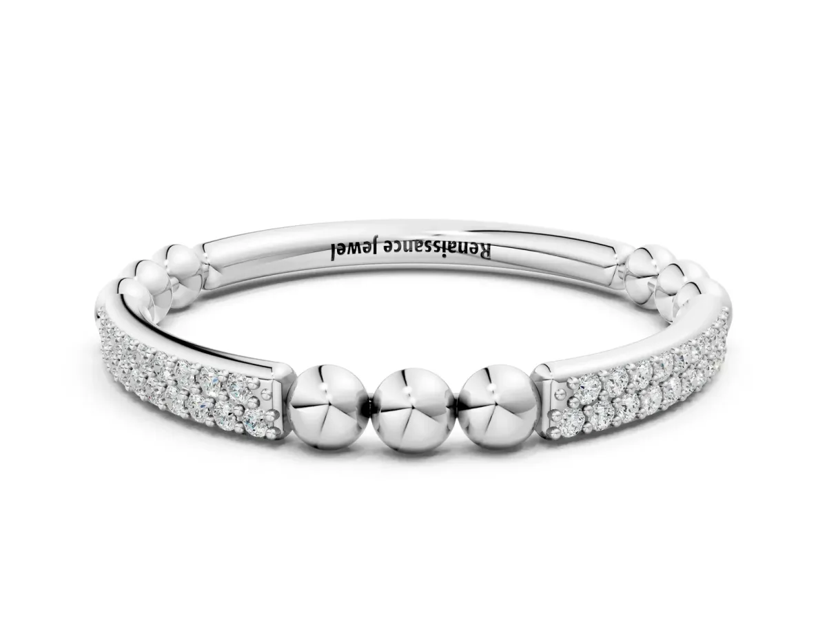 Pave Round Diamond Beaded Band with Shared Prong Setting Silver