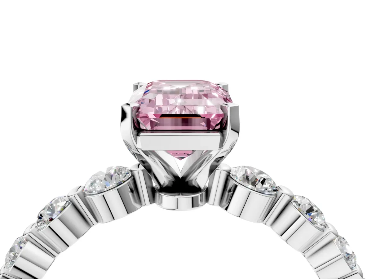 Fancy Pink Emerald Cut Solitaire Diamond Ring with Pave Band and Four-Prong Setting Platinum