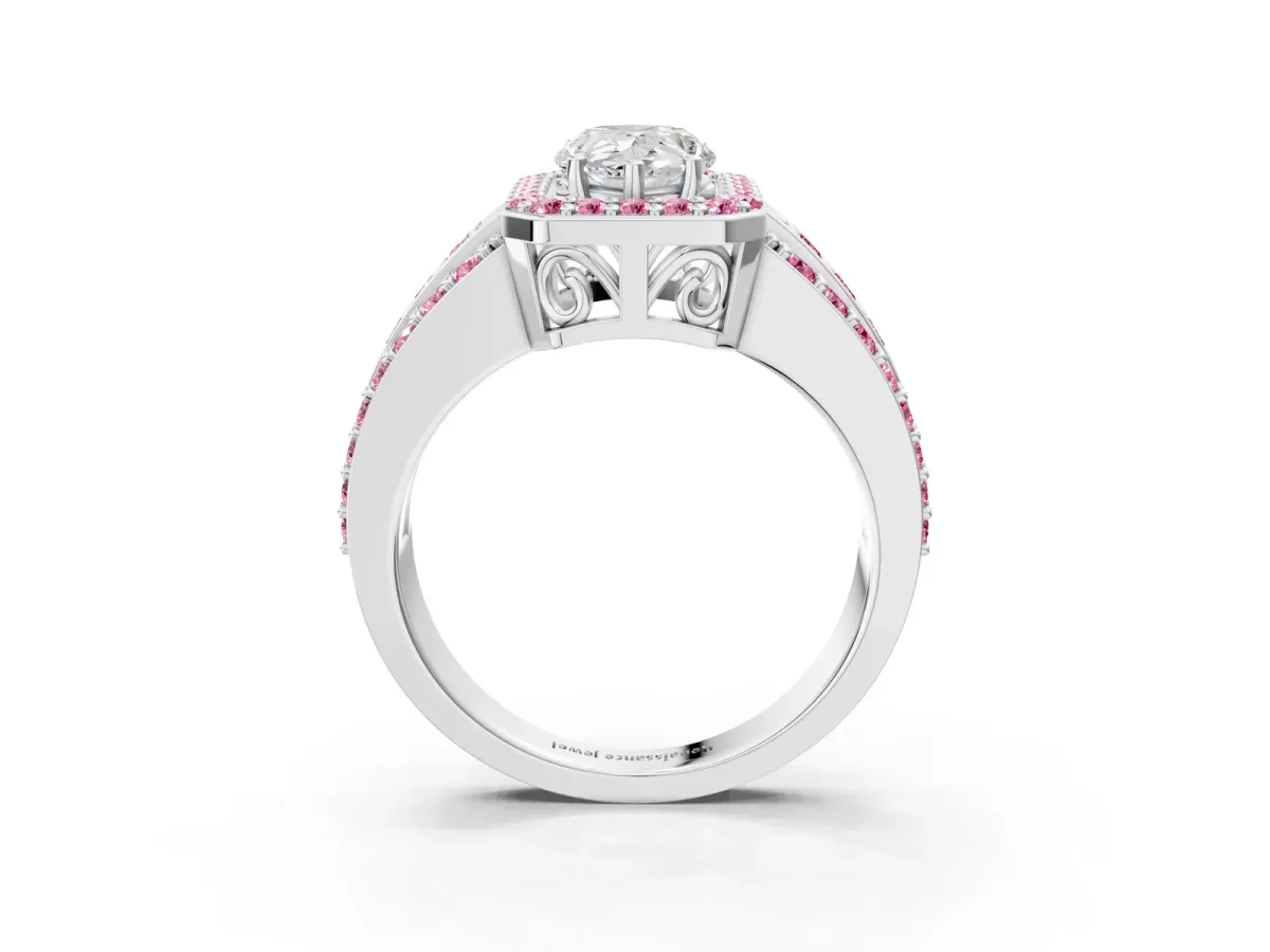 Pear Cut Halo Diamond Ring with Round Pink Sapphire Split Shank and Prong Setting Silver
