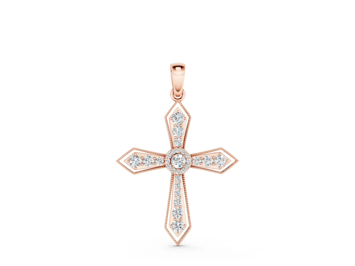 Round Diamond Milgrain Cross Pendant with Bezel Setting Rose gold