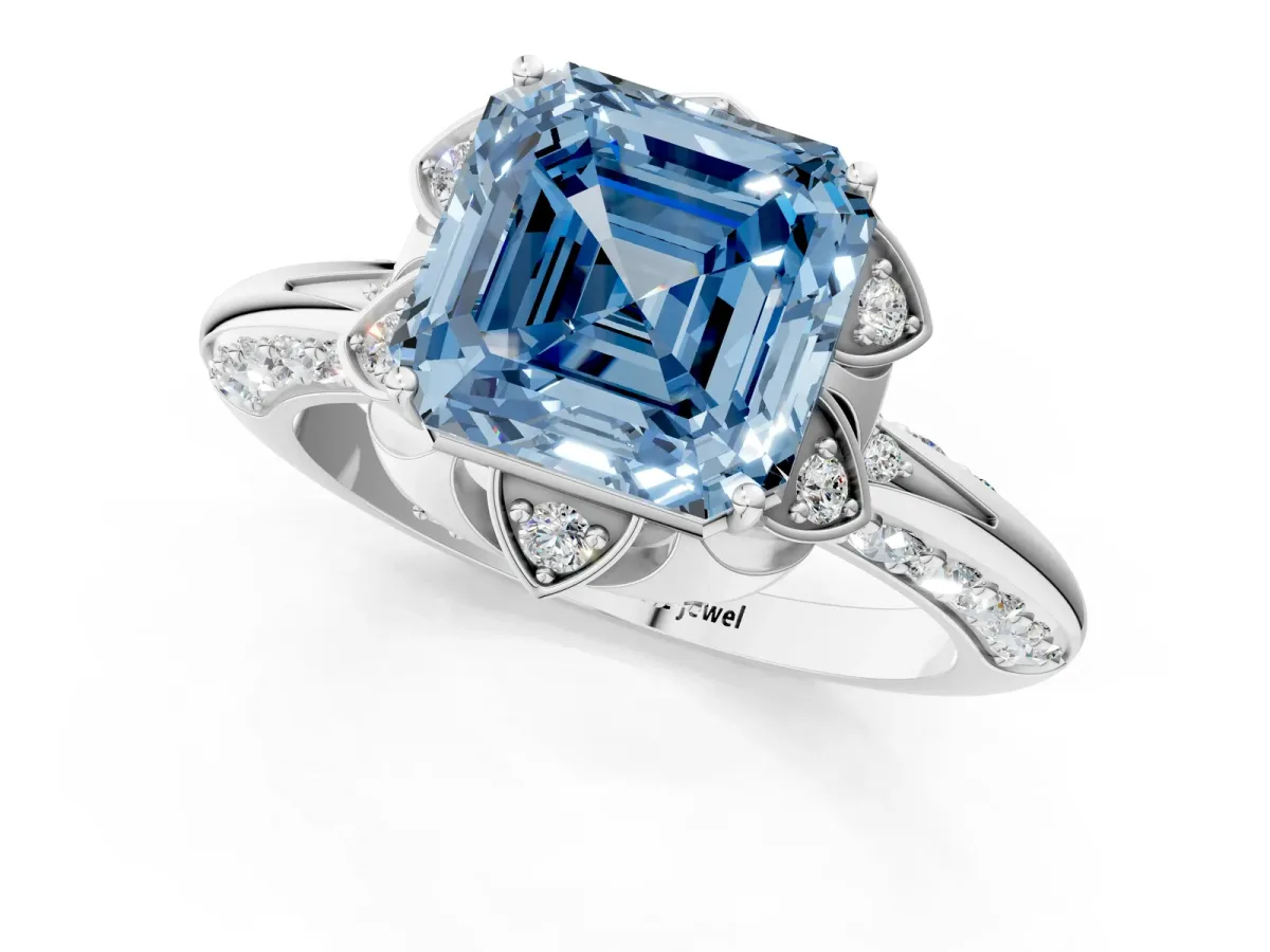 Fancy Blue Asscher Cut Halo Split Shank Pave Diamond Ring with Petal Prong Setting Platinum