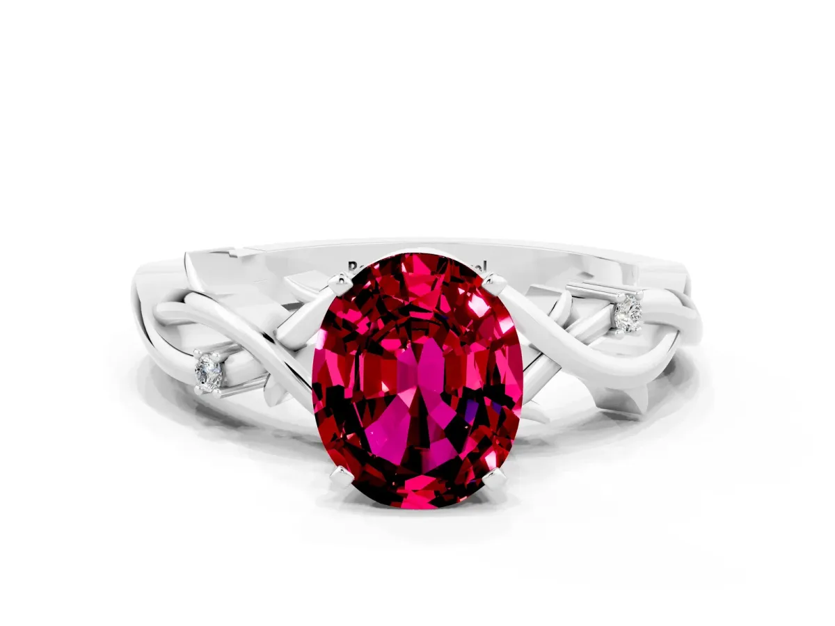 Oval Cut Garnet Solitaire Ring with Twisted Band and Prong Setting Platinum