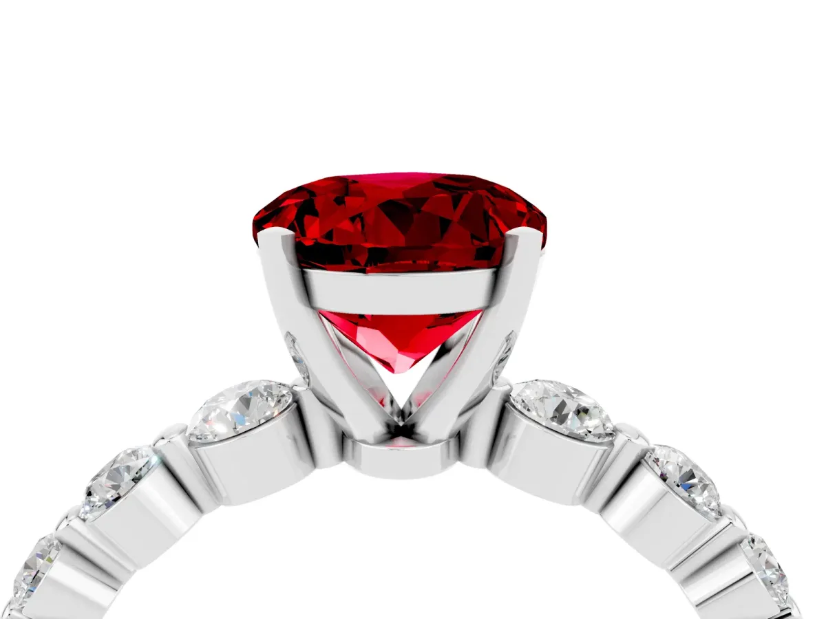 Round Cut Solitaire Ruby Ring with Pave Band and Four-Prong Setting Silver