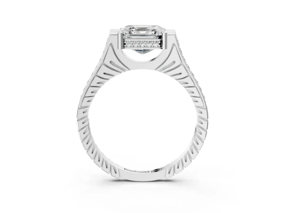 Asscher Cut Solitaire Diamond Ring with Channel Set Band and Bezel Prong Setting Platinum