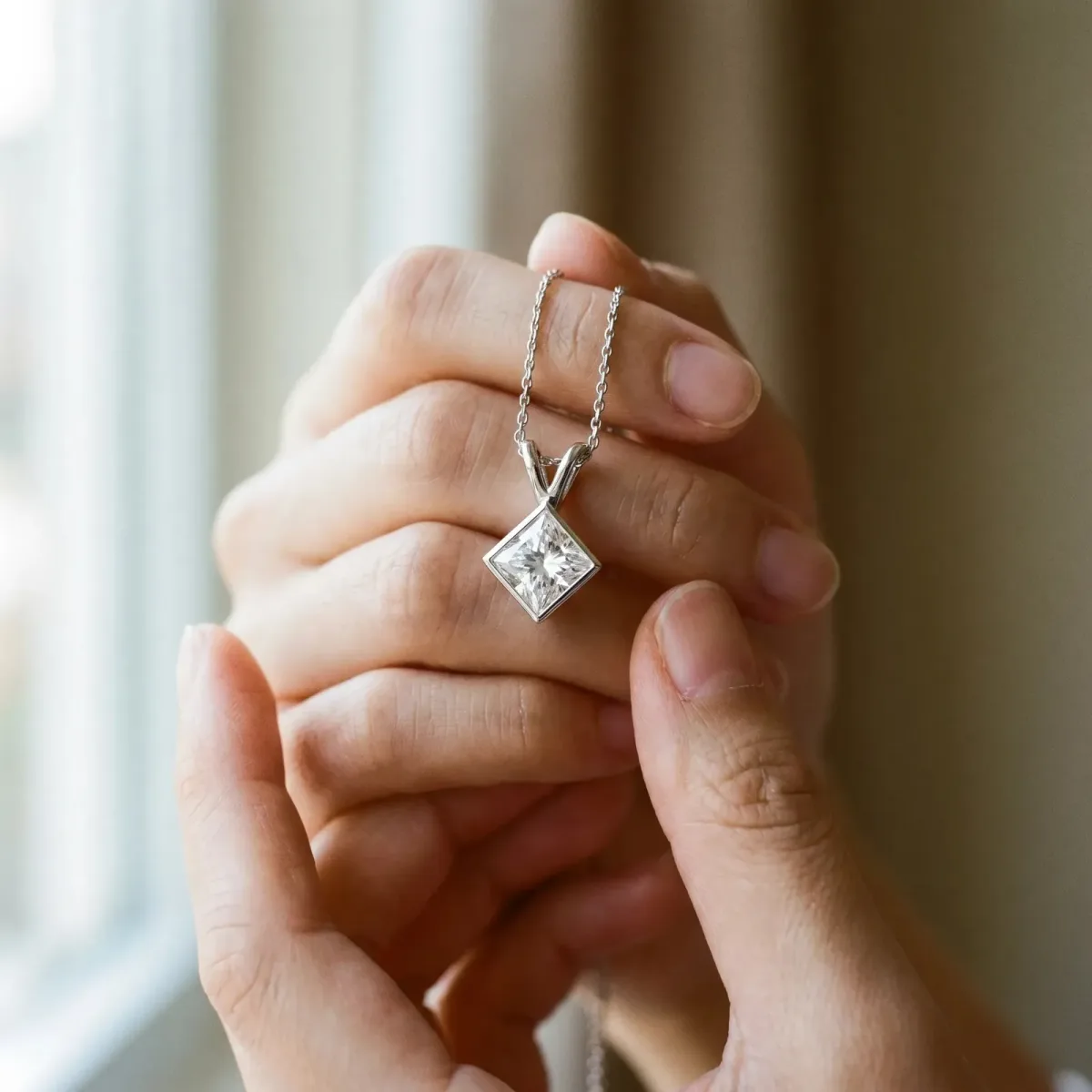 Princess Cut Bezel Set Pendant White gold