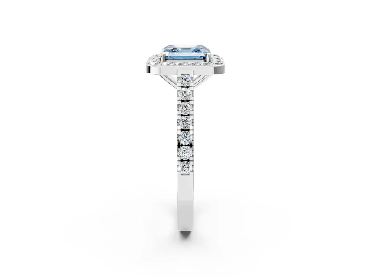 Fancy Blue Asscher Cut Diamond Halo Ring with Round Pavé Split Shank and Prong Setting Platinum