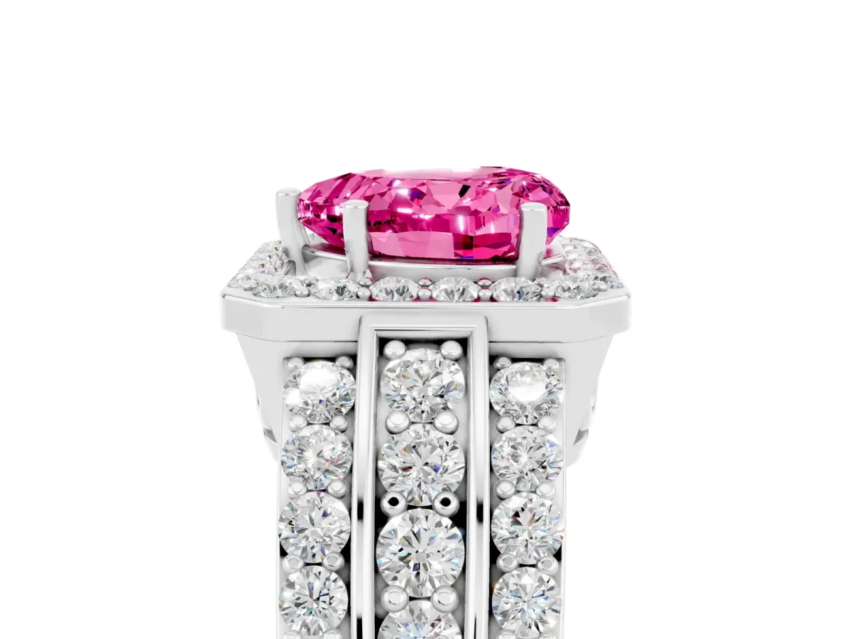 Heart Cut Halo Pink Sapphire Ring with Round Split Shank and Prong Setting Silver