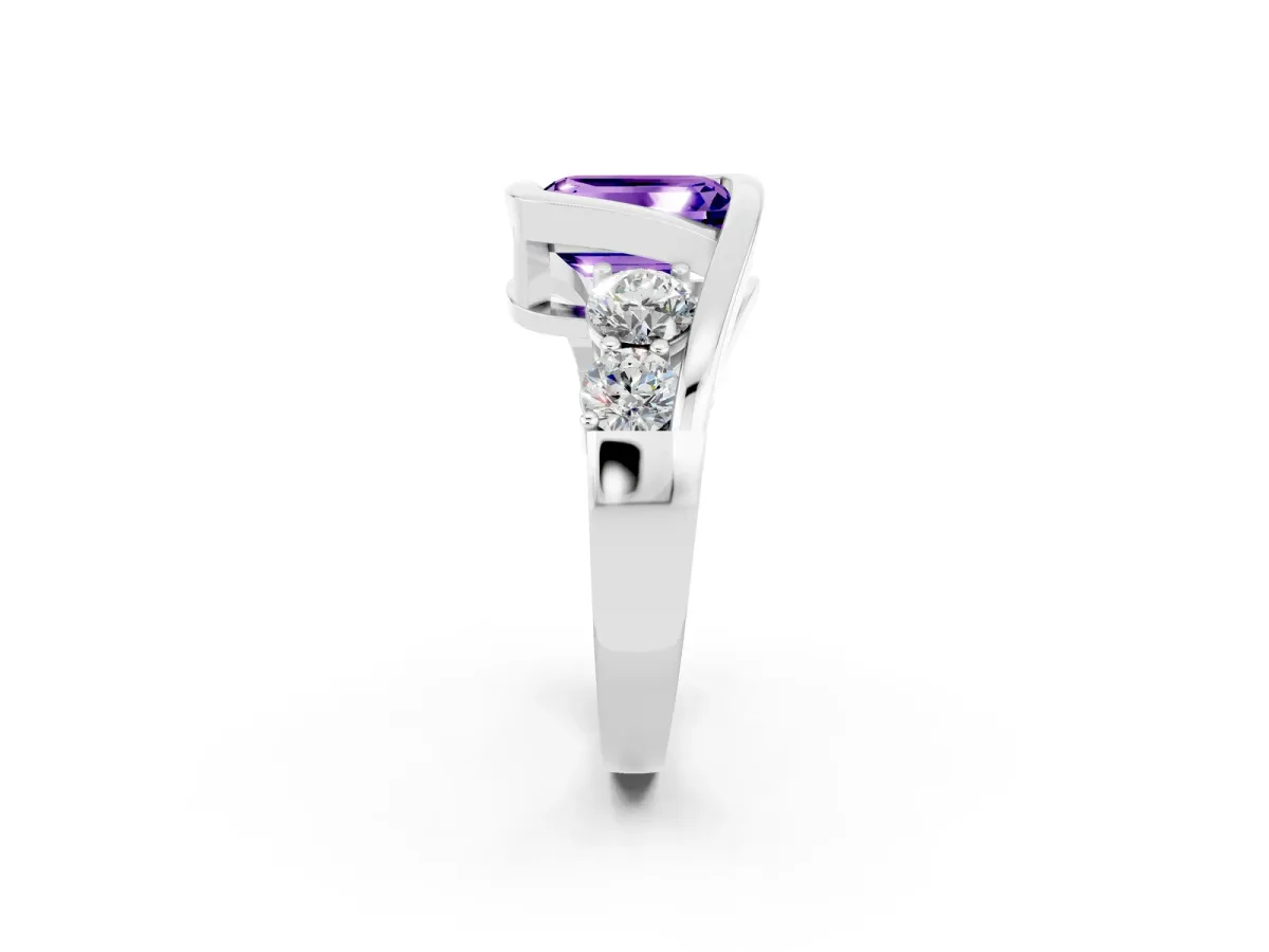 Bezel Set Emerald Cut Tanzanite Bypass Ring with Round Accents Platinum