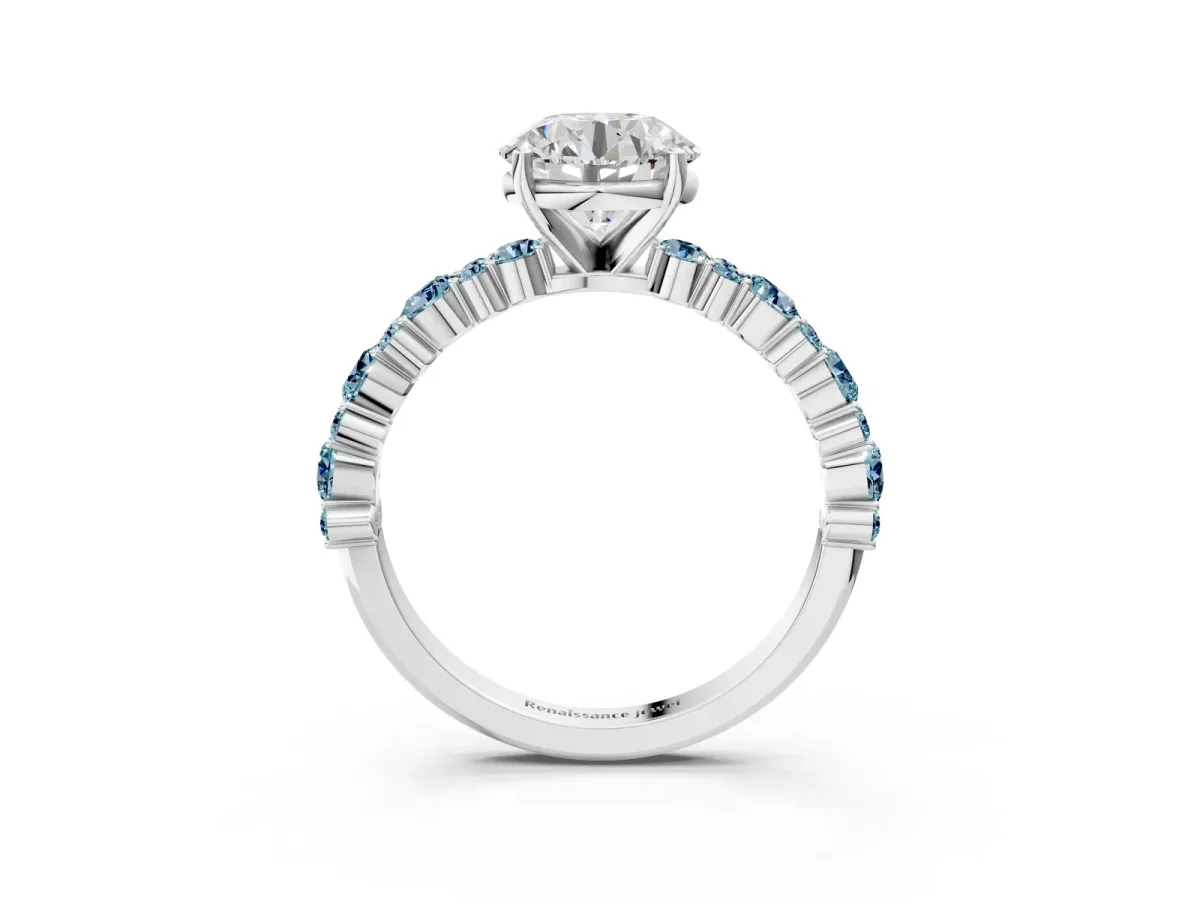 Round Cut Diamond Side Stone Solitaire Ring with Round Aquamarine and Four-Prong Setting Silver