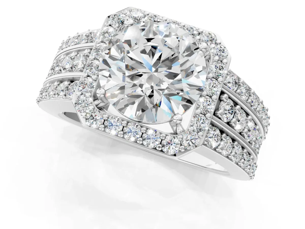 Round Cut Halo Diamond Ring with Round Tanzanite Split Shank and Prong Setting Platinum