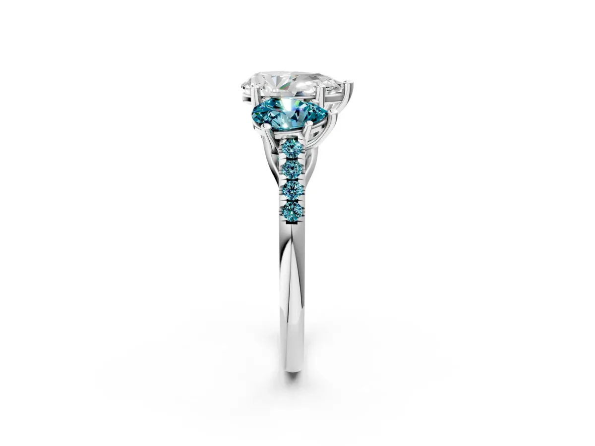 Three-Stone Pear Cut Diamond Ring with Round Blue Topaz Pavé Band and Prong Setting Silver