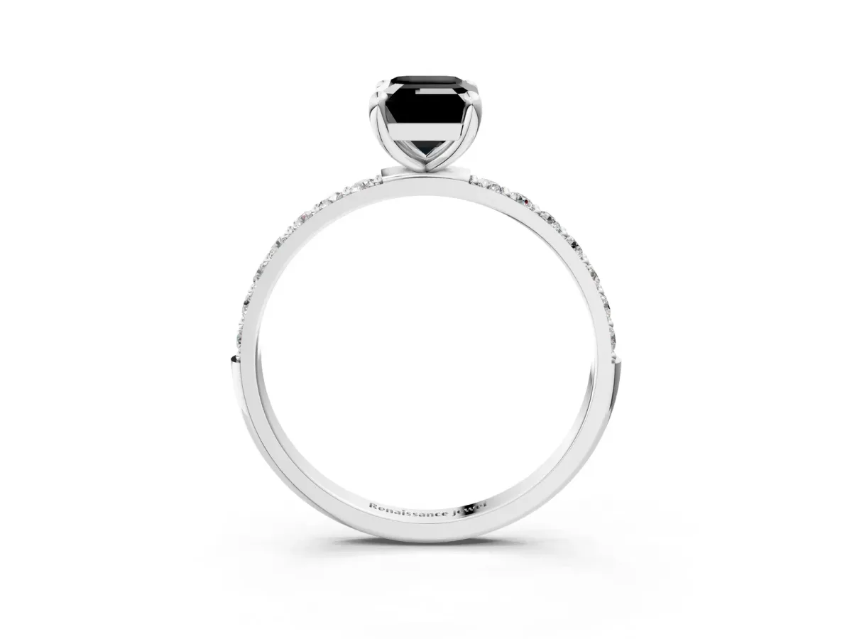 Fancy Black Emerald Cut Diamond Solitaire Ring with Round Pavé Band and Prong Setting Silver