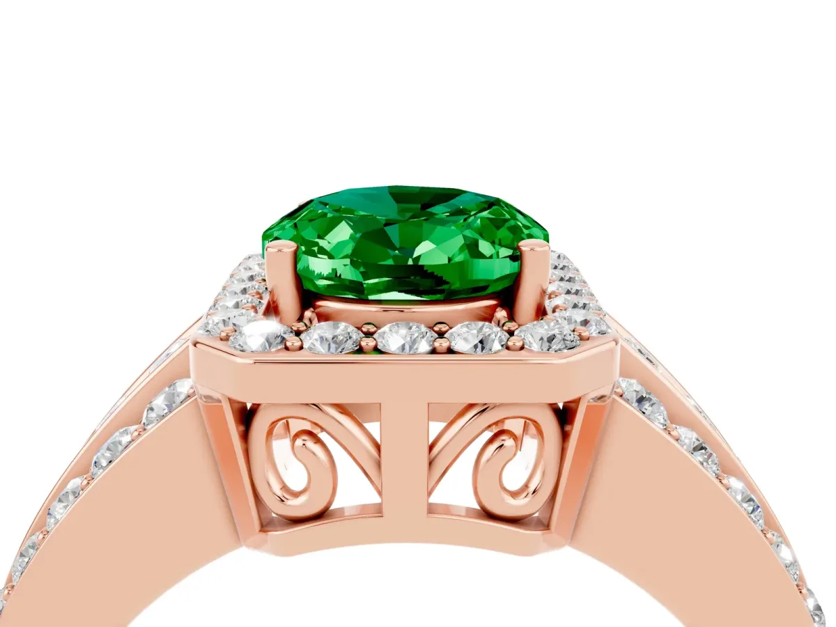 Oval Cut Halo Emerald Ring with Round Split Shank and Prong Setting Rose gold