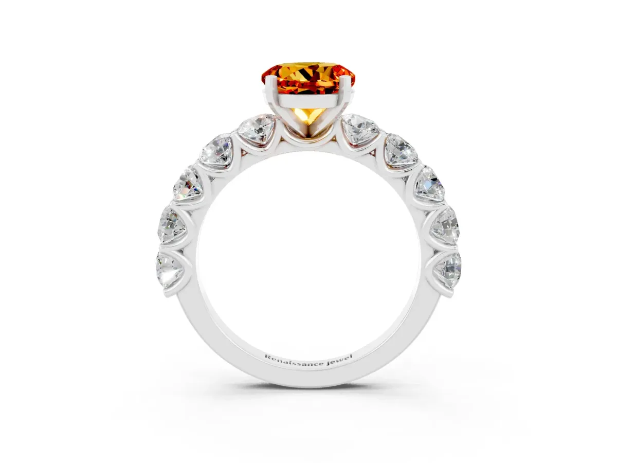 Round Cut Citrine Prong Setting with Side Stones on a Pave Band Platinum