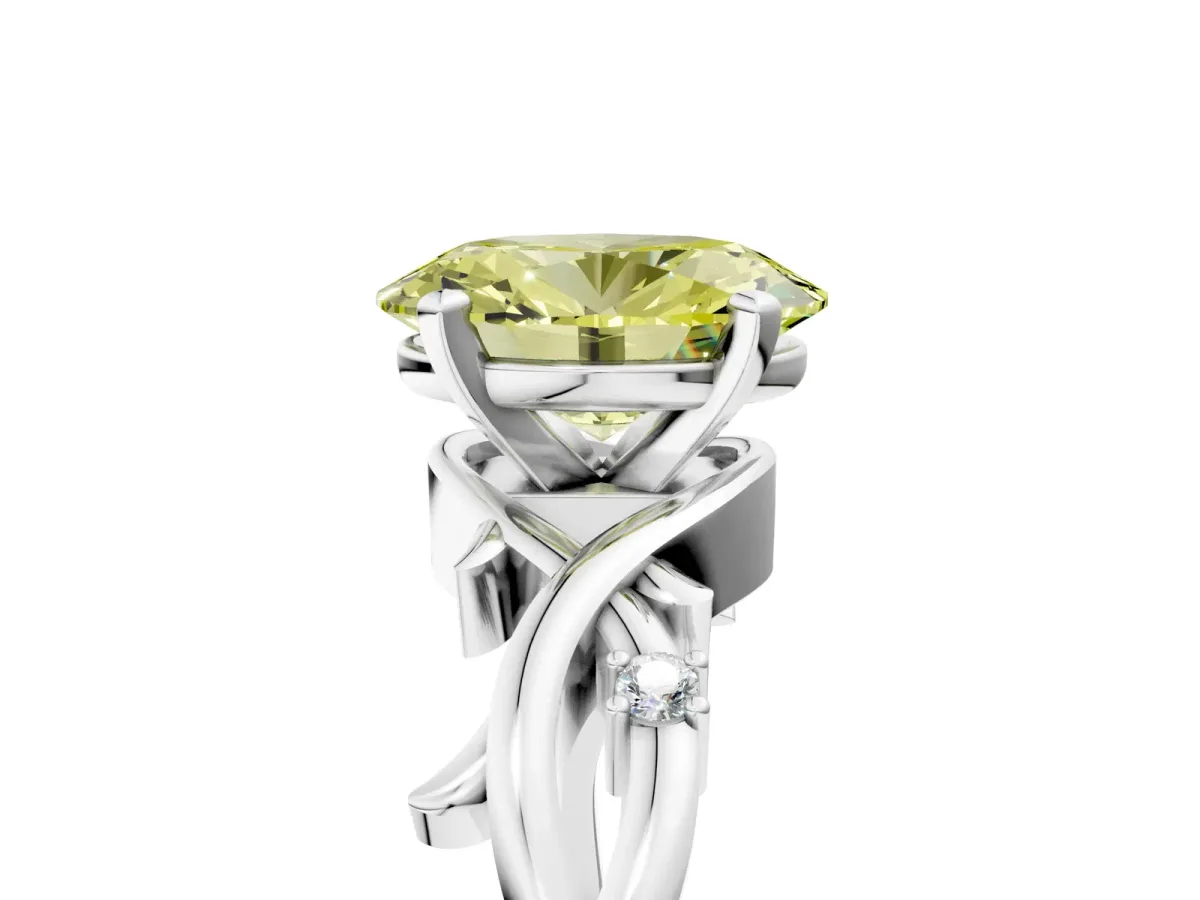 Fancy Yellow Oval Cut Diamond Solitaire Ring with Twisted Band and Prong Setting Platinum