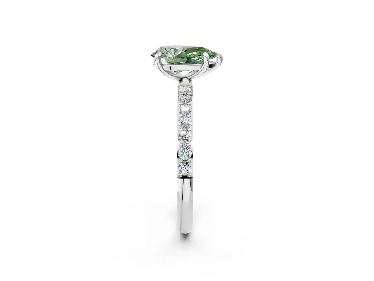Fancy Green Pear Cut Diamond Solitaire Ring with Round Pavé Band and Prong Setting Silver