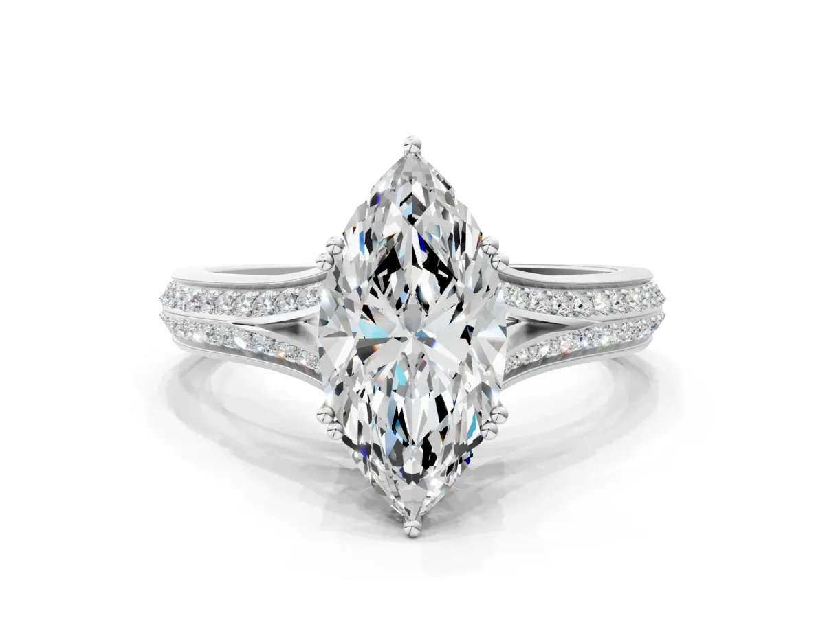 Marquise Cut Diamond Split Shank Engagement Ring with Pavé Band White gold
