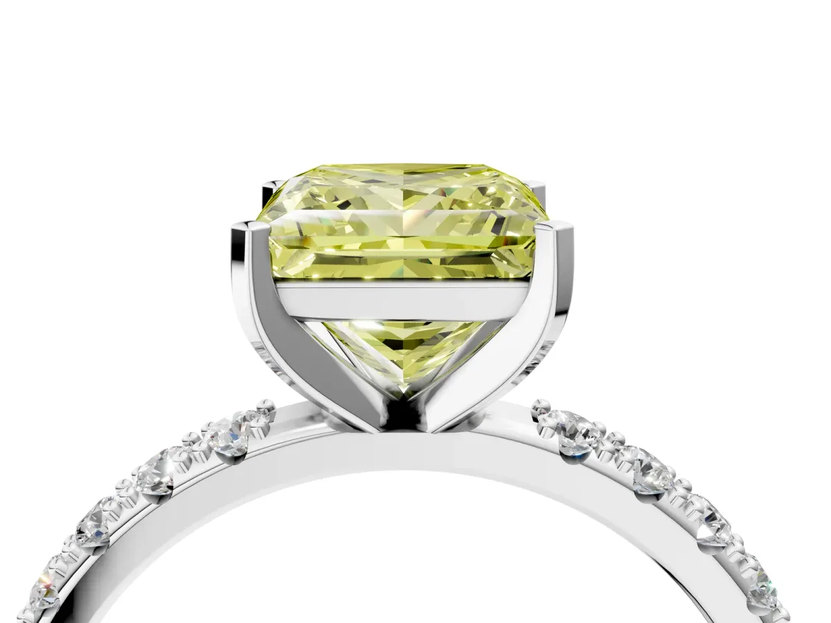Fancy Yellow Princess Cut Diamond Solitaire Pavé Band with Four-Prong Setting Silver