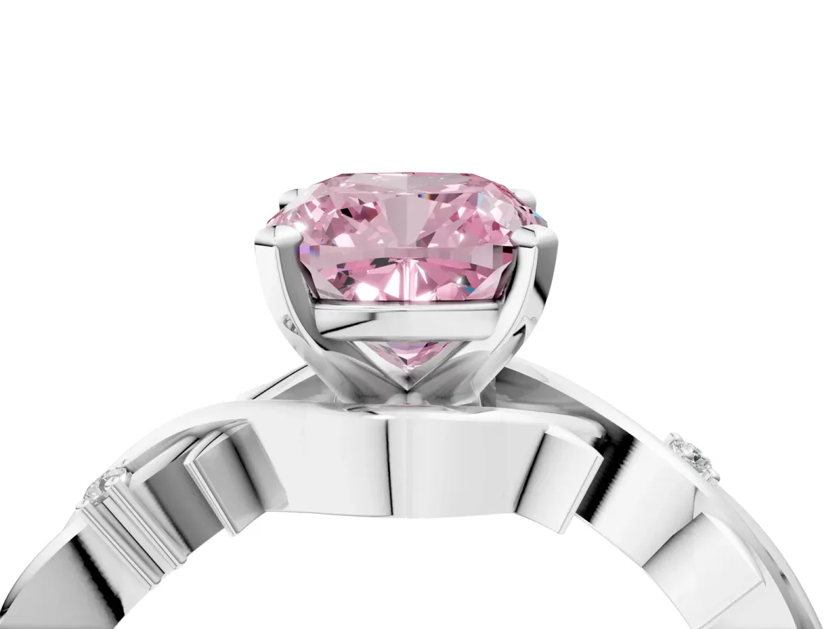 Fancy Pink Cushion Cut Diamond Solitaire Ring with Twisted Band and Prong Setting Silver