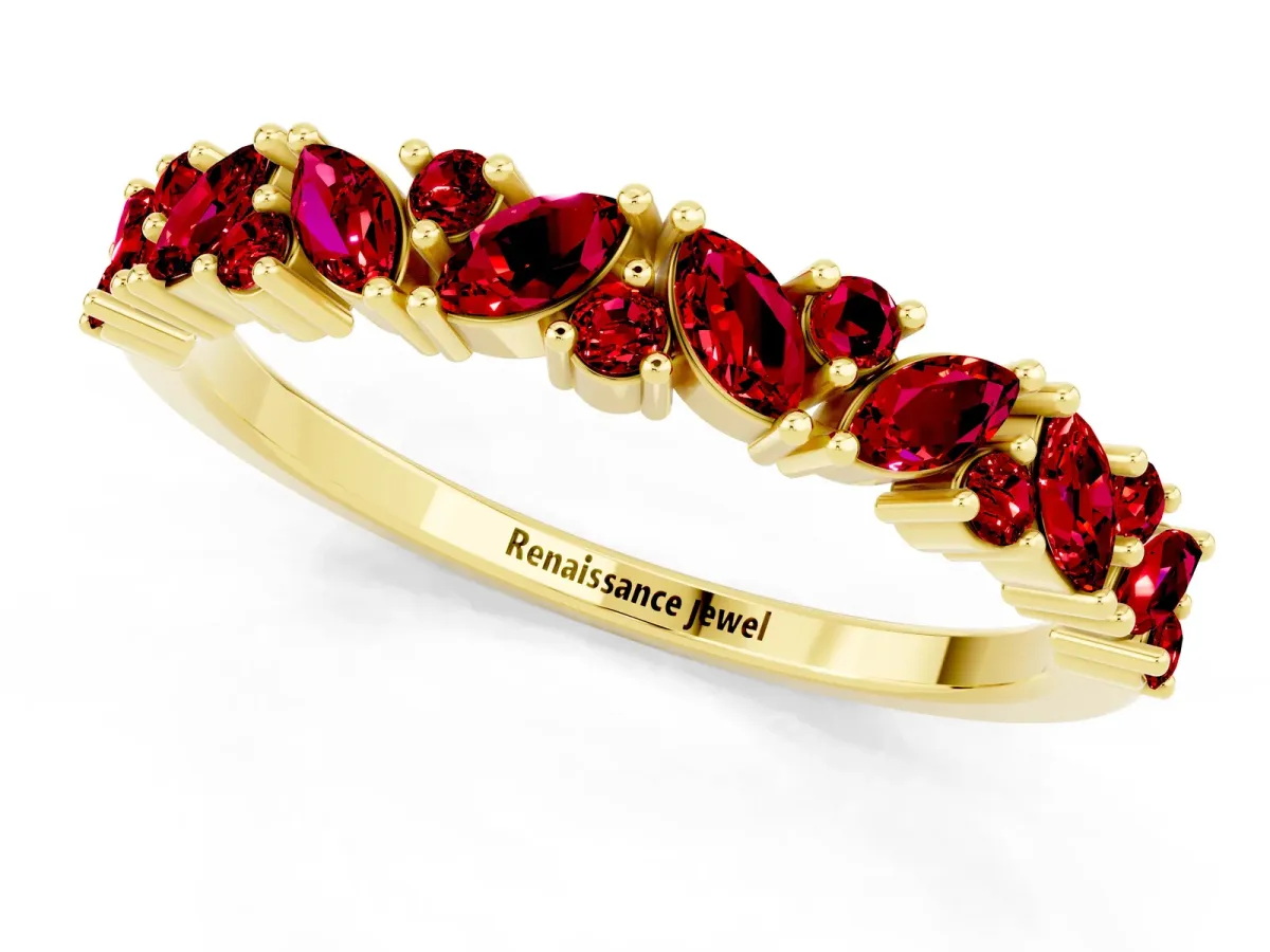 Marquise and Round Ruby Vine Eternity Band with Prong Setting Yellow gold