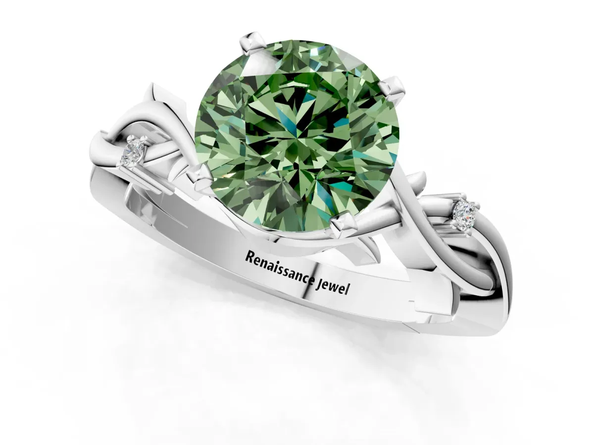 Fancy Green Round Cut Diamond Solitaire Ring with Twisted Band and Prong Setting Silver