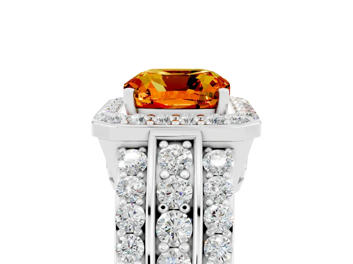 Cushion Cut Halo Citrine Ring with Round Split Shank and Prong Setting Platinum