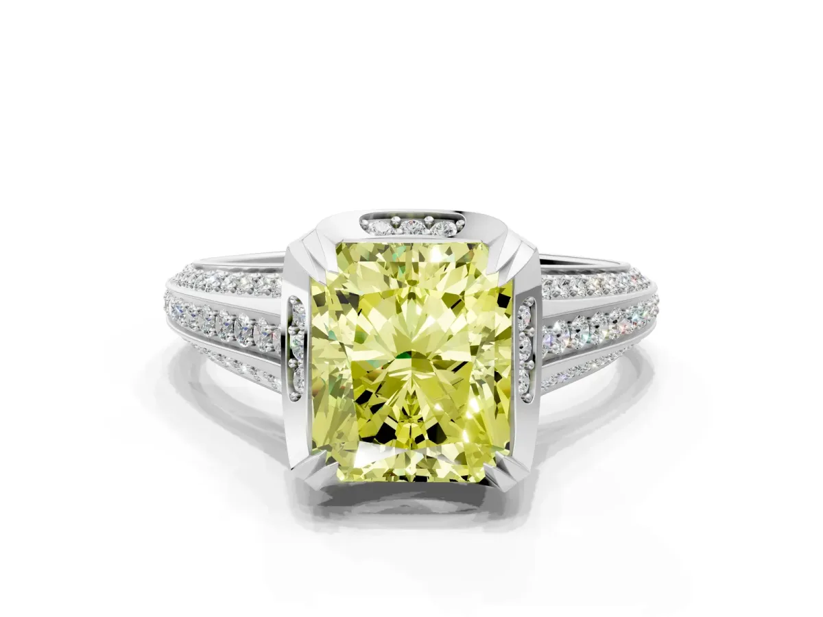 Fancy Yellow Radiant Cut Solitaire Pave Split Shank Ring with Four-Prong Setting Platinum
