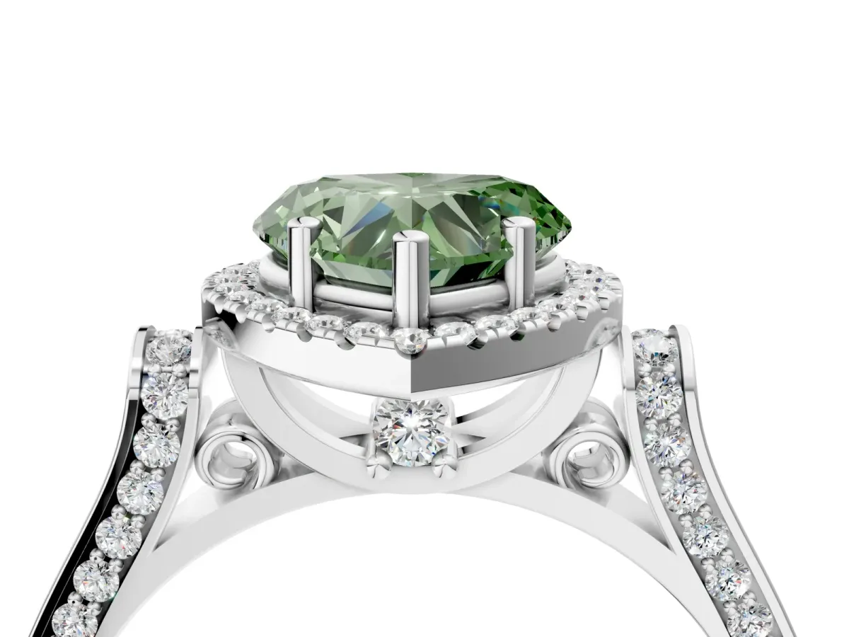 Fancy Green Heart Cut Halo Pave Split Shank Prong Setting Ring Platinum