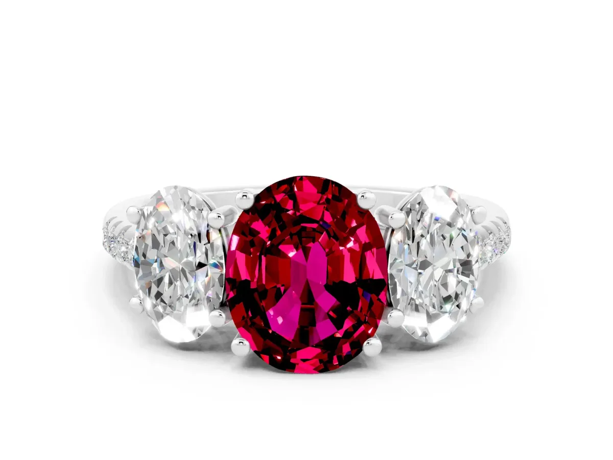 Three-Stone Oval Cut Garnet Ring with Round Pavé Band and Prong Setting Silver