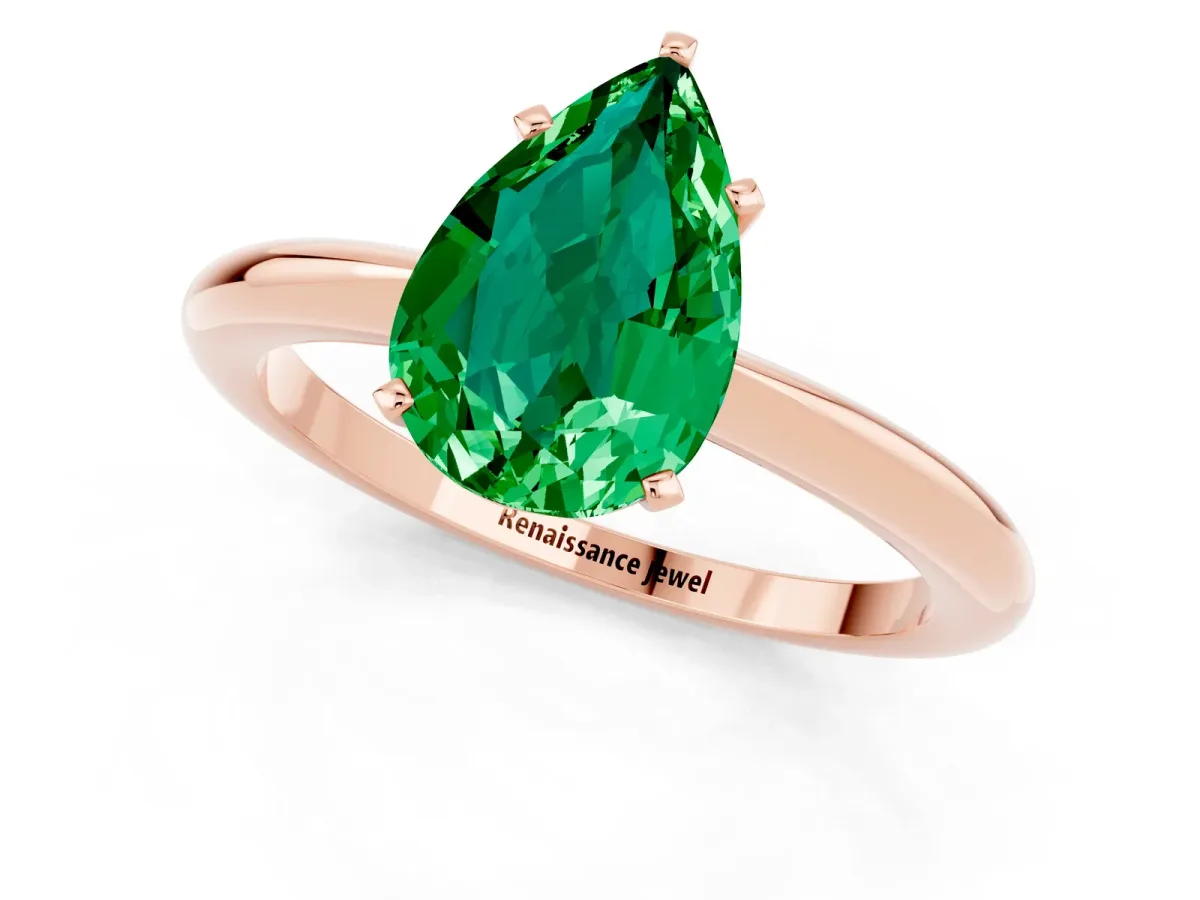 Pear Cut Emerald Solitaire Ring with Six-Prong Setting and Classic Band Rose gold