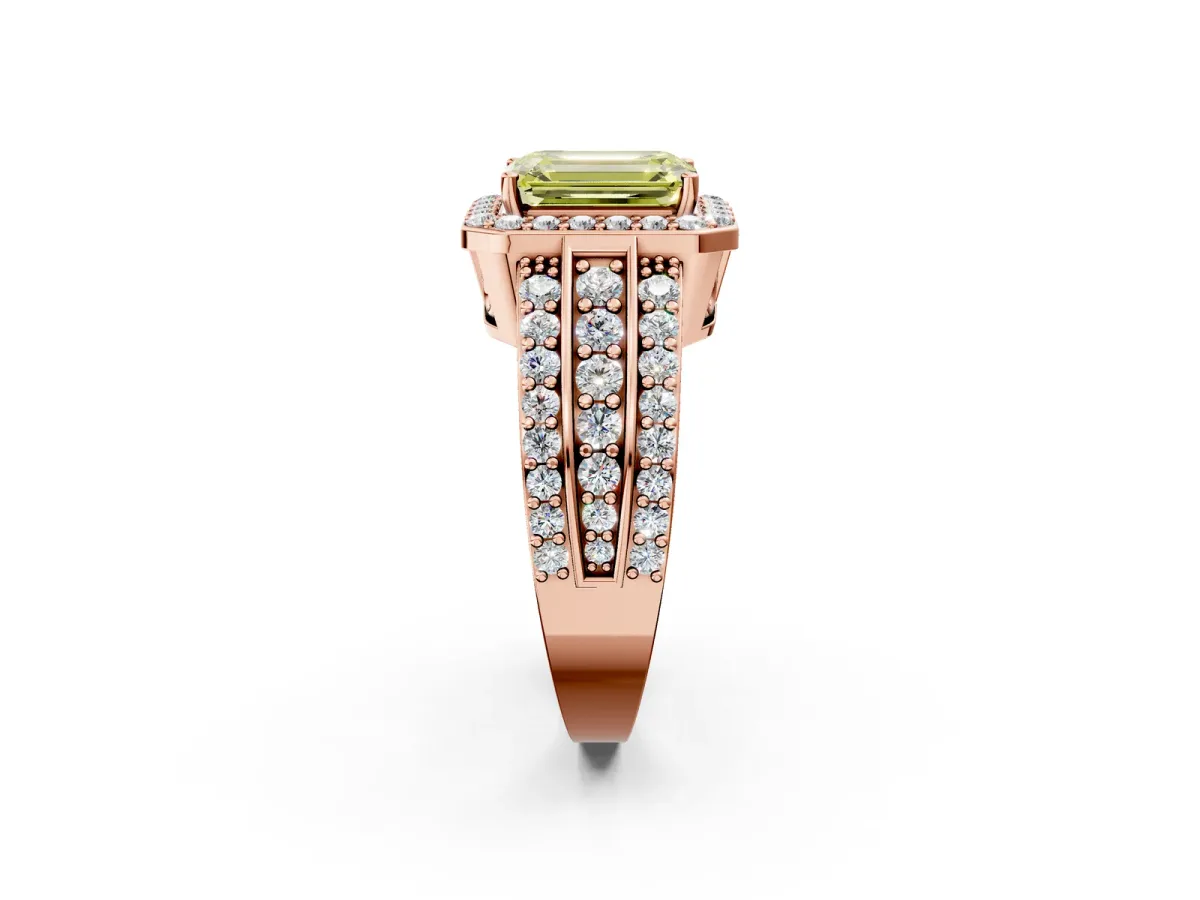 Fancy Yellow Emerald Cut Halo Diamond Ring with Round Split Shank and Prong Setting Rose gold