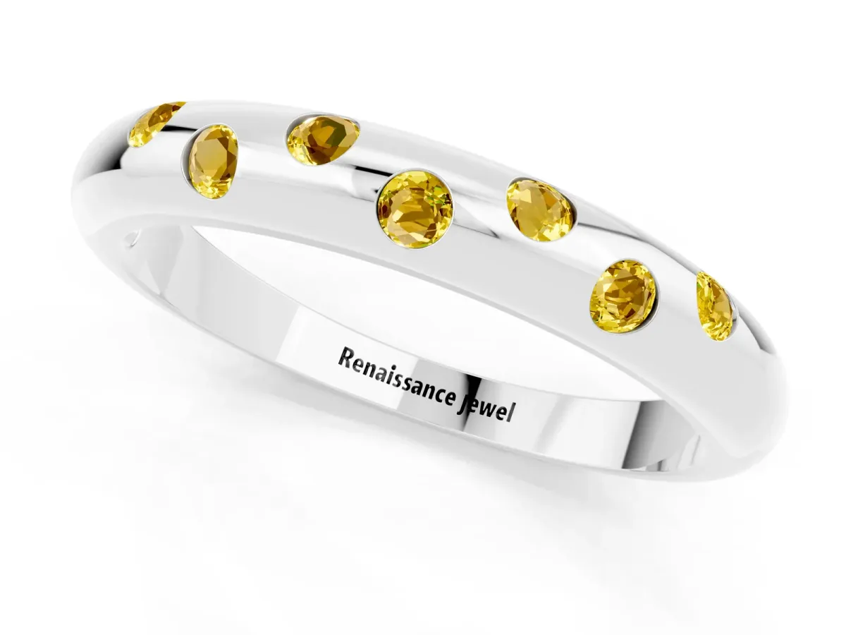 Round Yellow Sapphire Flush-Set Comfort Fit Band White gold
