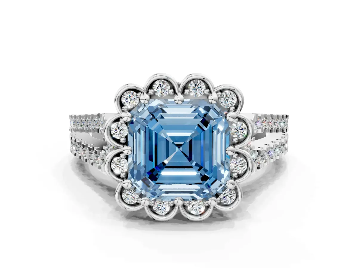 Fancy Blue Asscher Cut Halo Diamond Floral Split Shank Engagement Ring Platinum