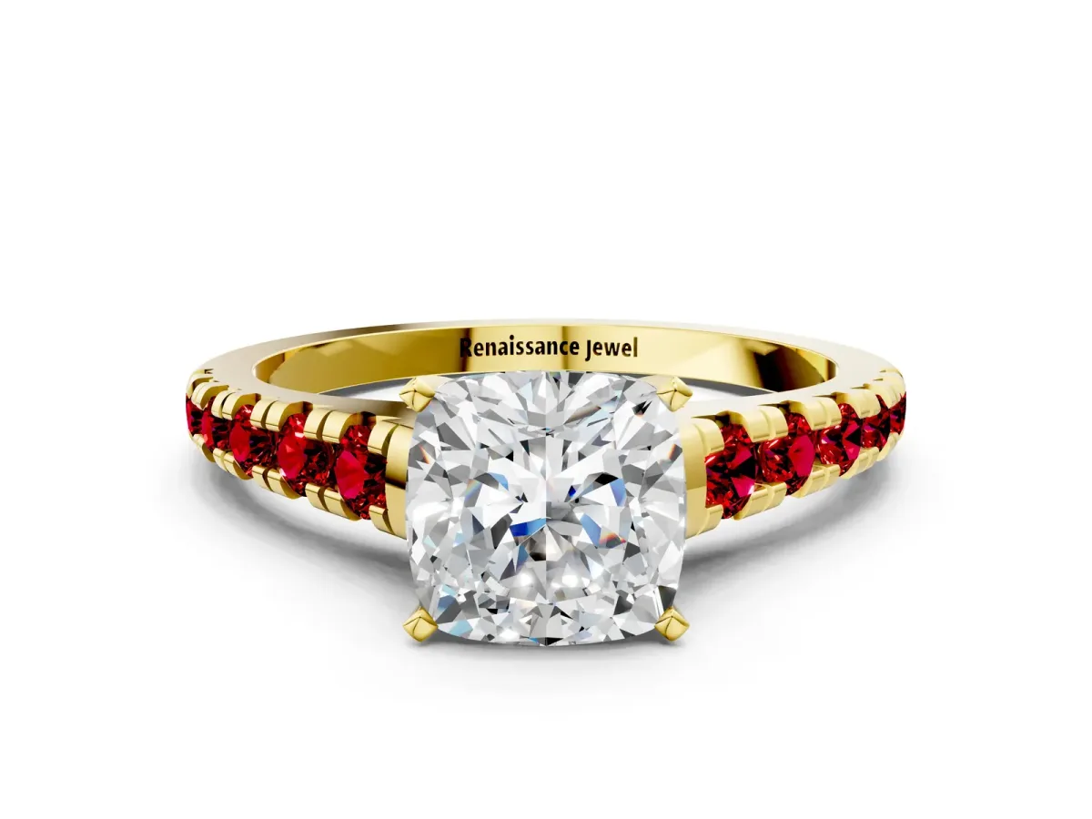 Cushion Cut Diamond Cathedral Solitaire Ring with Round Ruby Pavé Band Yellow gold