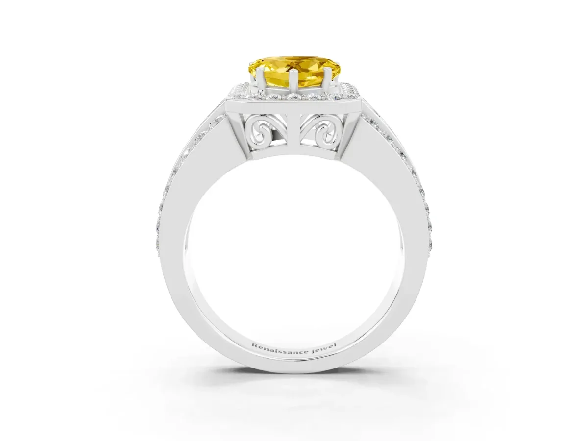 Heart Cut Halo Yellow Sapphire Ring with Round Split Shank and Prong Setting Silver