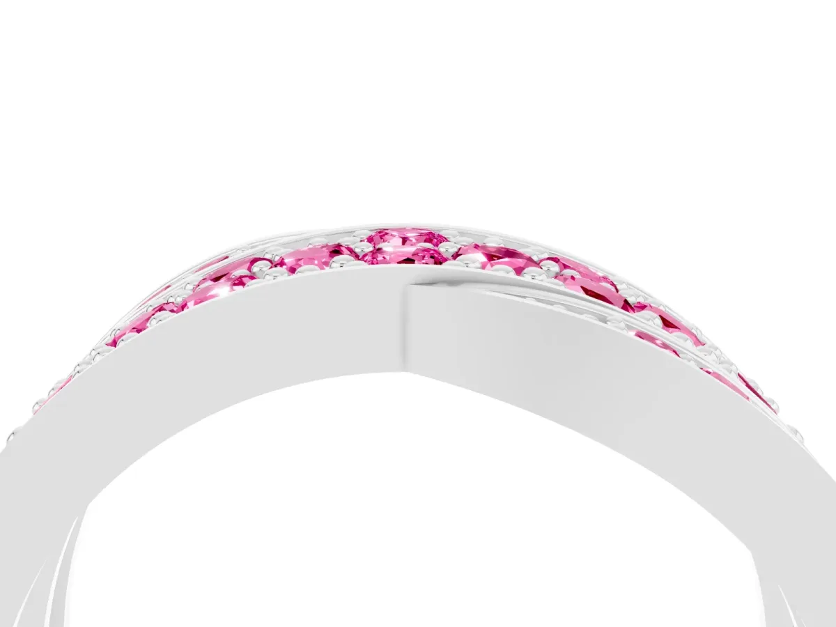 Pavé Round Pink Sapphire Crossover Band with Bead Prong Setting Silver